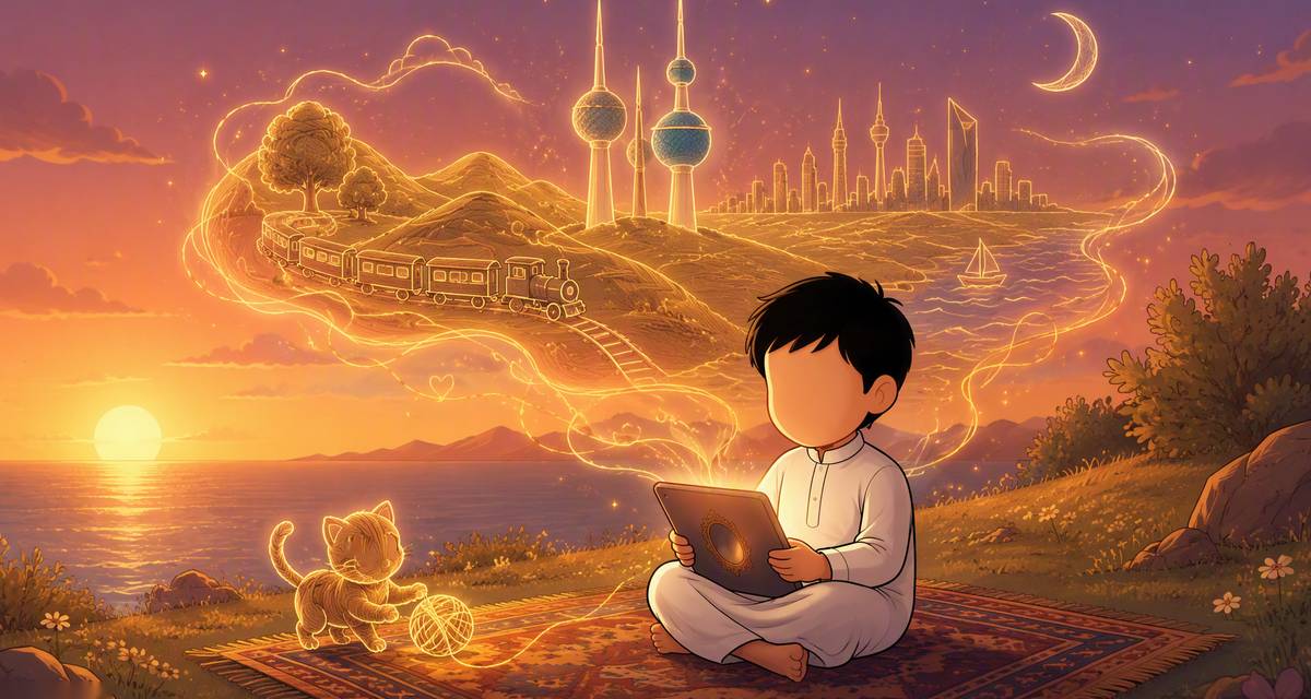 Ali sits cross-legged on a rug at sunset, a cat beside him, a golden glowing dream rising from his tablet showing a train, hills, the Kuwait Towers and a small boat.